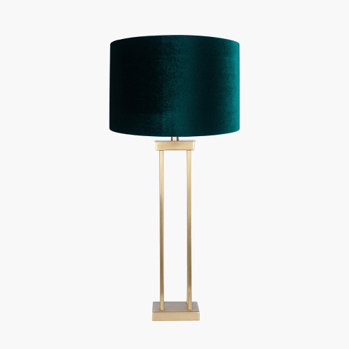 pacific lifestyle Langston Satin Brass Metal Column Table Lamp Base with Bow 40cm Forest Green Velvet Cylinder Lampshade