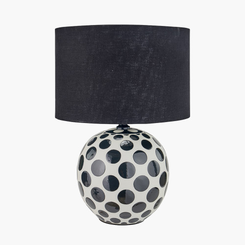 pacific lifestyle Larisa Black Polka Dot Ceramic Table Lamp Base with Lino 35cm Black Self Lined Linen Cylinder Lampshade