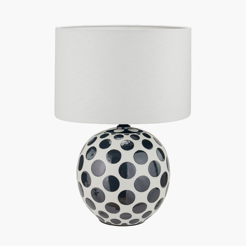 pacific lifestyle Larisa Black Polka Dot Ceramic Table Lamp Base with Lino 35cm White Self Lined Linen Cylinder Lampshade