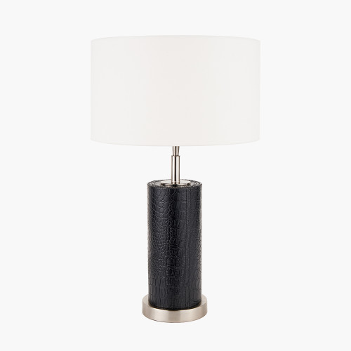 pacific lifestyle Laurence Black Croc Leather and Silver Cylindrical Table Lamp Base with Henry 35cm White Handloom Cylinder Lampshade