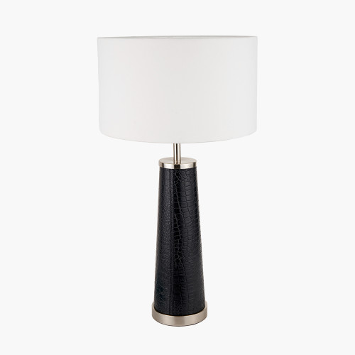 pacific lifestyle Laurence Black Croc Leather and Silver Table Lamp Base with Henry 40cm White Handloom Cylinder Lampshade