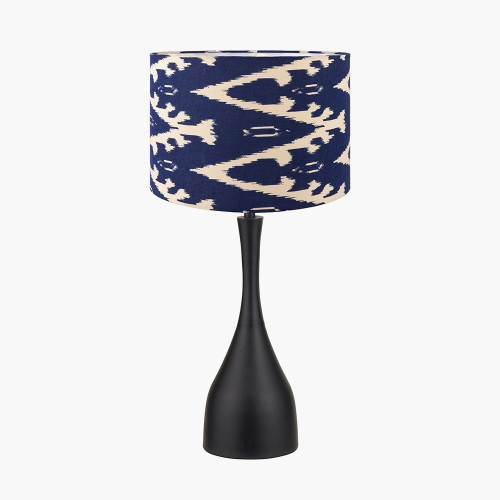 pacific lifestyle Llora Matt Black Metal Curved Table Lamp Base with Lars 35cm Ocean Blue Ikat Patterned Cylinder Lampshade