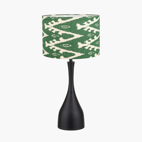 pacific lifestyle Llora Matt Black Metal Curved Table Lamp Base with Lars 35cm Racing Green Ikat Patterned Cylinder Lampshade