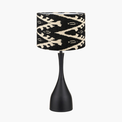pacific lifestyle Llora Matt Black Metal Curved Table Lamp Base with Lars 35cm Black Ikat Patterned Cylinder Lampshade