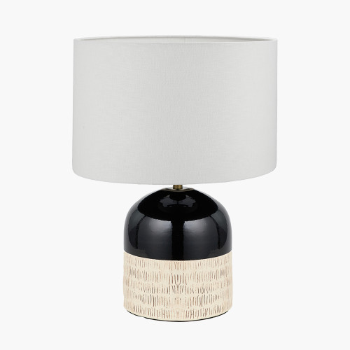 pacific lifestyle Lotta Black and Natural Stoneware Table Lamp Base with Lino 35cm White Self Lined Linen Cylinder Lampshade
