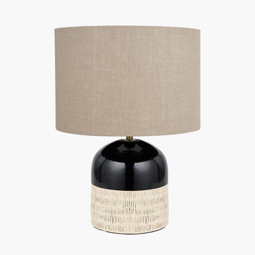 pacific lifestyle Lotta Black and Natural Stoneware Table Lamp Base with Edward 35cm Natural Linen Cylinder Lampshade