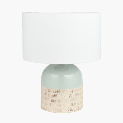 pacific lifestyle Lotta Duck Egg and Natural Stoneware Table Lamp Base with Lino 35cm White Self Lined Linen Cylinder Lampshade