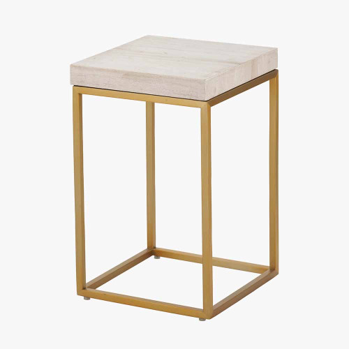 Pacific Lifestyle Madison Beige Granite And Burnished Gold Metal Square Side Table