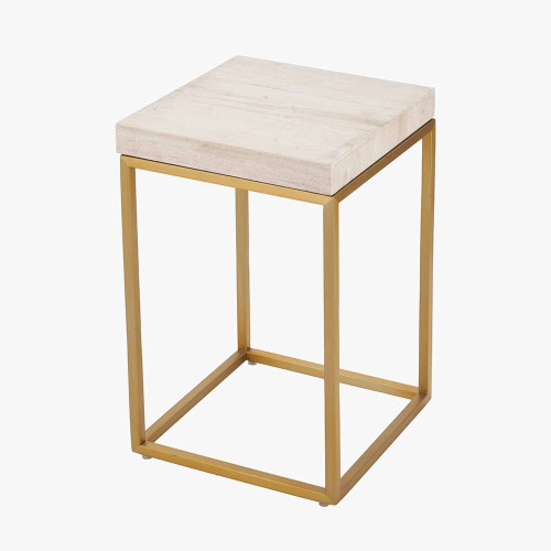 Pacific Lifestyle Madison Beige Granite And Burnished Gold Metal Square Side Table