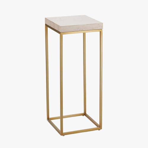 Pacific Lifestyle Madison Beige Granite And Burnished Gold Metal Tall Square Side Table