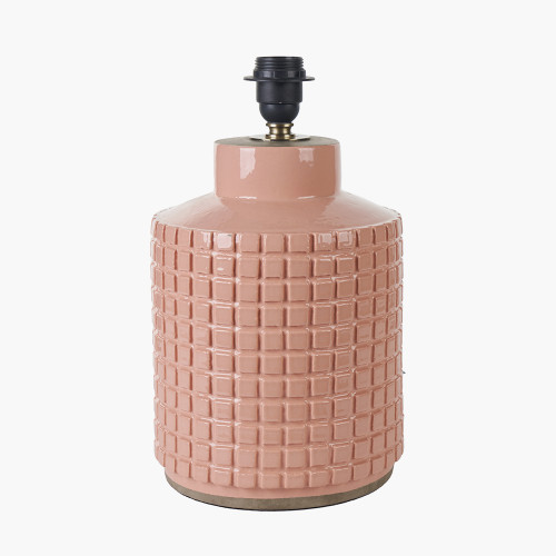 Pacific Lifestyle Malone Textured Apricot Squares Design Stoneware Table Lamp Base With Lino 35cm Cream Self Lined Linen Cylinder Lampshade