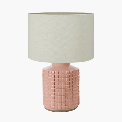 pacific lifestyle Malone Textured Apricot Squares Design Stoneware Table Lamp Base with Lino 35cm Cream Self Lined Linen Cylinder Lampshade