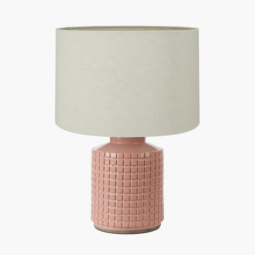 pacific lifestyle Malone Textured Apricot Squares Design Stoneware Table Lamp Base with Lino 40cm Cream Self Lined Linen Cylinder Lampshade
