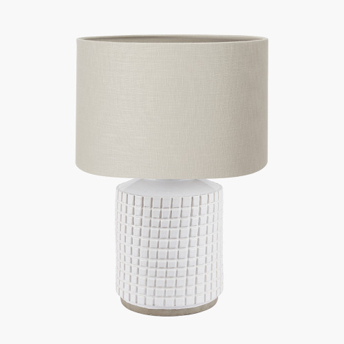 pacific lifestyle Malone Textured White Squares Design Stoneware Table Lamp Base with Lino 35cm Grey Self Lined Linen Cylinder Lampshade