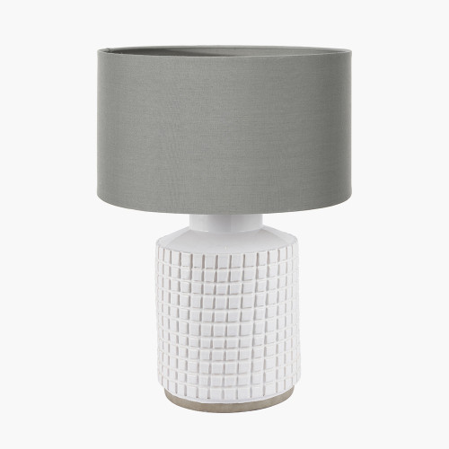 pacific lifestyle Malone Textured White Squares Design Stoneware Table Lamp Base with Harry 35cm Steel Grey Cotton Mix Cylinder Lampshade