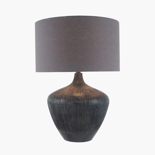 Pacific Lifestyle Manaia Antique Black Textured Wood Table Lamp Base With Henry 35cm Grey Handloom Cylinder Lampshade