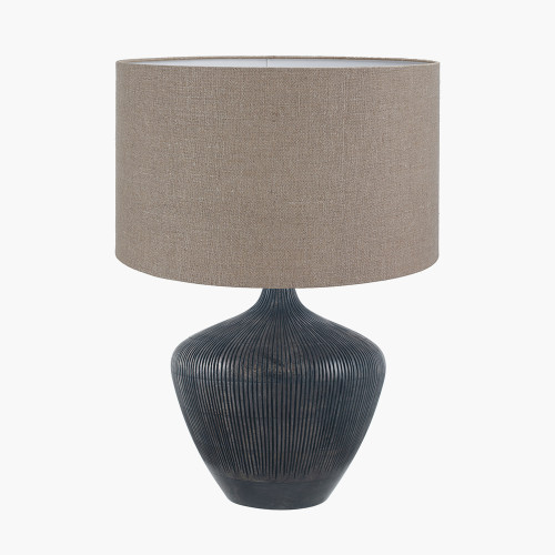 pacific lifestyle Manaia Antique Black Textured Wood Table Lamp Base with Edward 35cm Natural Linen Cylinder Lampshade