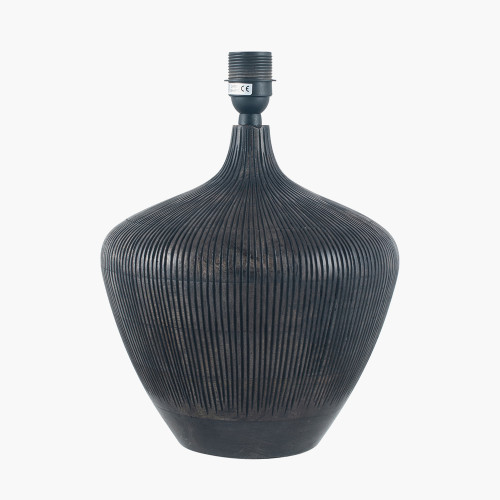 Pacific Lifestyle Manaia Antique Black Textured Wood Table Lamp Base With Lino 35cm Black Self Lined Linen Cylinder Lampshade