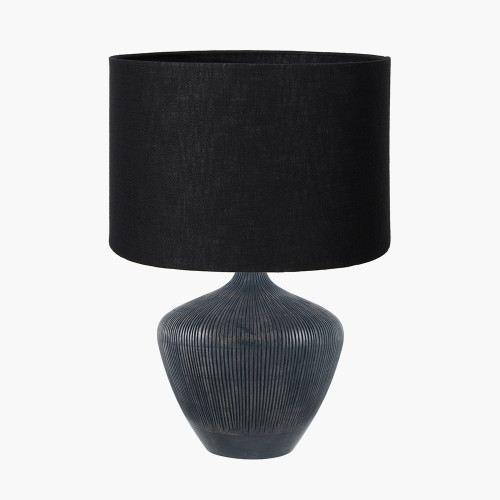 pacific lifestyle Manaia Antique Black Textured Wood Table Lamp Base with Lino 35cm Black Self Lined Linen Cylinder Lampshade
