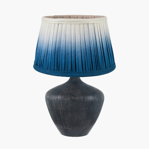 pacific lifestyle Manaia Antique Black Textured Wood Table Lamp Base with Scallop 35cm Blue Ombre Soft Pleated Tapered Lampshade