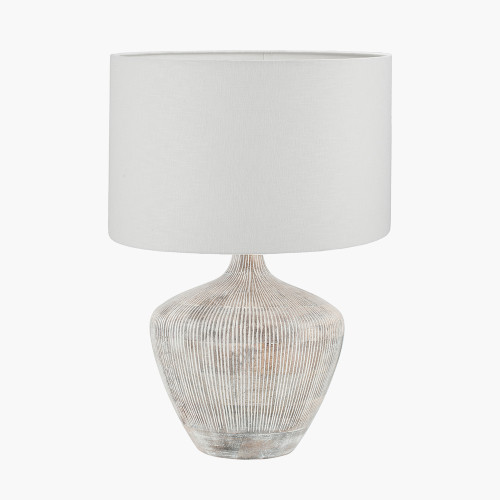 pacific lifestyle Manaia White Wash Textured Wood Table Lamp Base with Lino 35cm White Self Lined Linen Cylinder Lampshade