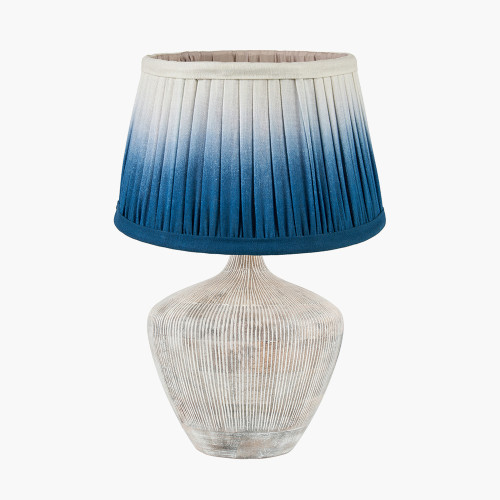 pacific lifestyle Manaia White Wash Textured Wood Table Lamp Base with Scallop 35cm Blue Ombre Soft Pleated Tapered Lampshade