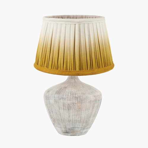 pacific lifestyle Manaia White Wash Textured Wood Table Lamp Base with Scallop 35cm Mustard Ombre Soft Pleated Tapered Lampshade