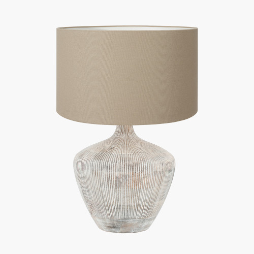 pacific lifestyle Manaia White Wash Textured Wood Table Lamp Base with Henry 35cm Taupe Handloom Cylinder Lampshade