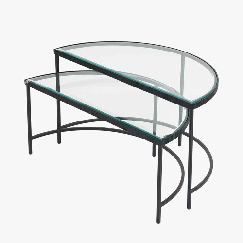 Pacific Lifestyle Marazzi S/2 Bevelled Glass And Black Metal Half Moon Coffee Tables