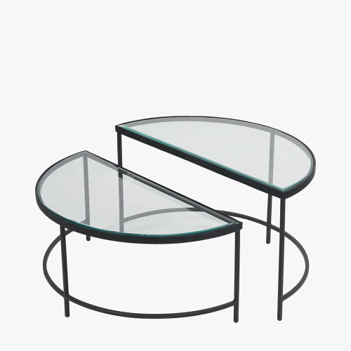 Pacific Lifestyle Marazzi S/2 Bevelled Glass And Black Metal Half Moon Coffee Tables