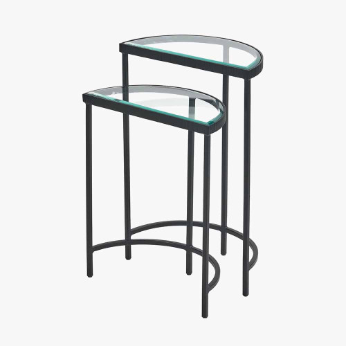 Pacific Lifestyle Marazzi S/2 Bevelled Glass And Black Metal Half Moon Side Tables