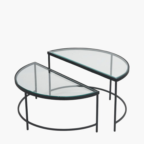 pacific lifestyle Marazzi S/2 Bevelled Glass and Black Metal Half Moon Coffee Tables