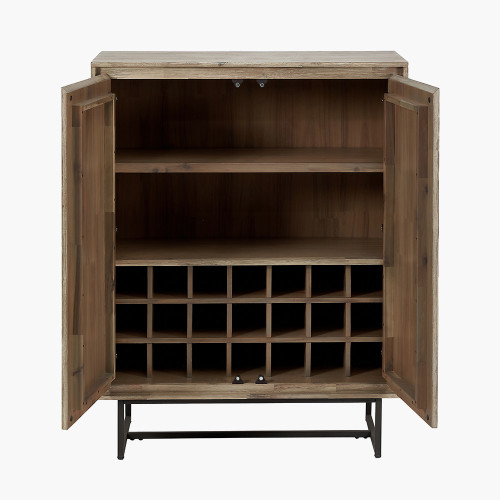 Pacific Lifestyle Marca Sand Wash Acacia Wood And Black Metal 2 Door Bar Cabinet
