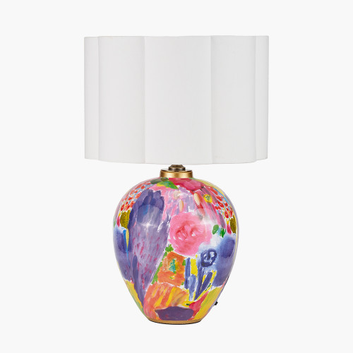 pacific lifestyle Matisse Multi Colour Ceramic Urn Table Lamp Base with Bloom 40cm White Handloom Scalloped Cylinder Lampshade