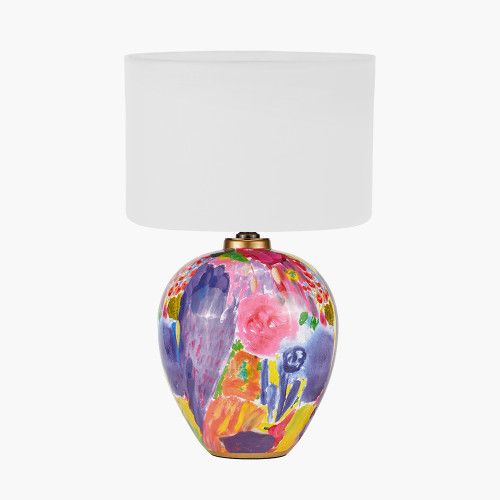 pacific lifestyle Matisse Multi Colour Ceramic Urn Table Lamp Base with Harry 40cm Ivory Cotton Mix Cylinder Lampshade