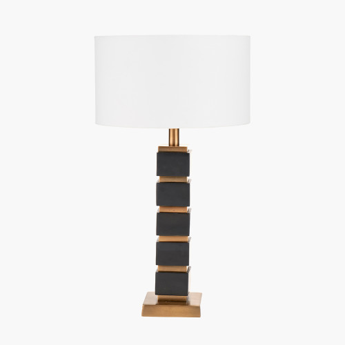 pacific lifestyle Maximo Matt Black and Antique Brass Cube Design Table Lamp Base with Harry 35cm Ivory Cotton Mix Cylinder Lampshade