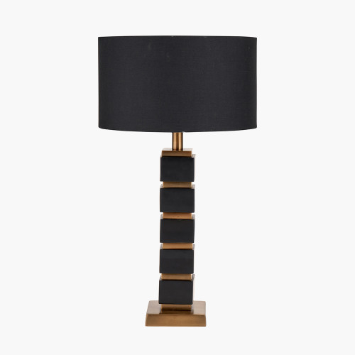 pacific lifestyle Maximo Matt Black and Antique Brass Cube Design Table Lamp Base with Harry 35cm Black Cotton Mix Cylinder Lampshade