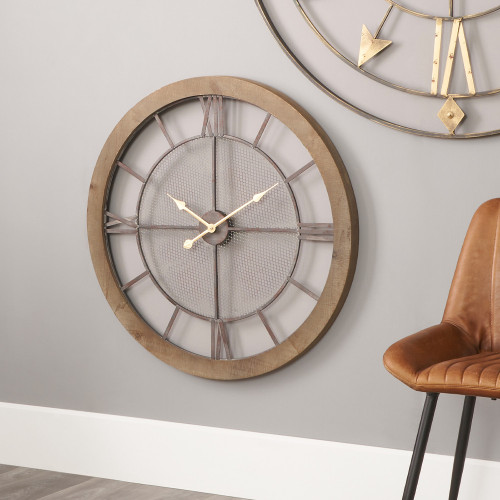 Pacific Lifestyle Natural Wood And Black Metal Mesh Round Wall Clock