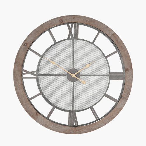 pacific lifestyle Natural Wood and Black Metal Mesh Round Wall Clock