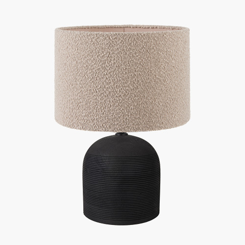 pacific lifestyle Nelu Black Engraved Wood Dome Table Lamp Base with Rouen 35cm Taupe Boucle Cylinder Lampshade