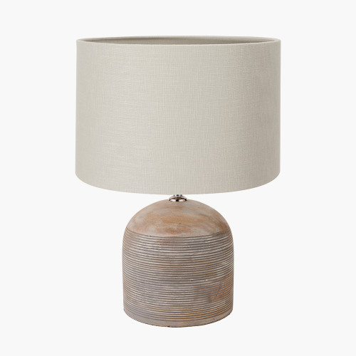 pacific lifestyle Nelu Grey Engraved Wood Dome Table Lamp Base with Lino 35cm Grey Self Lined Linen Cylinder Lampshade