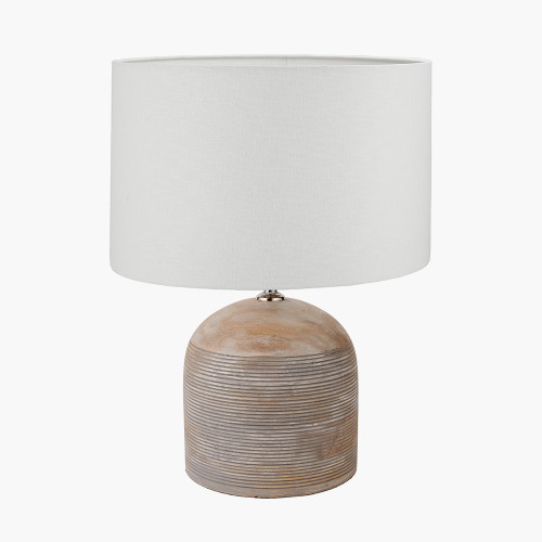 pacific lifestyle Nelu Grey Engraved Wood Dome Table Lamp Base with Lino 35cm White Self Lined Linen Cylinder Lampshade
