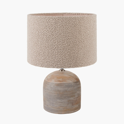 pacific lifestyle Nelu Grey Engraved Wood Dome Table Lamp Base with Rouen 35cm Taupe Boucle Cylinder Lampshade