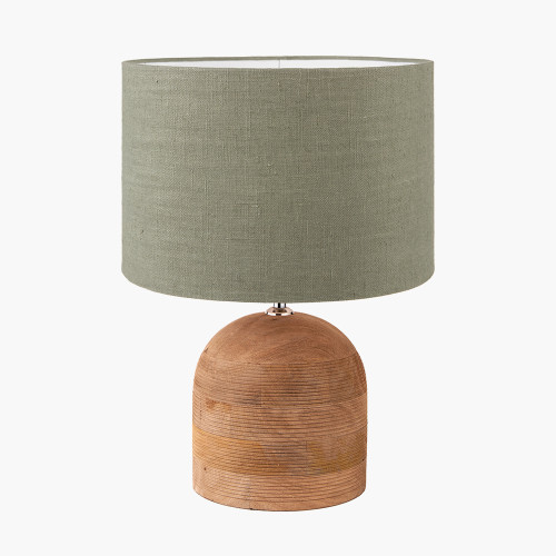 pacific lifestyle Nelu Natural Engraved Wood Dome Table Lamp Base with Edward 35cm Pistachio Green Linen Cylinder Lampshade