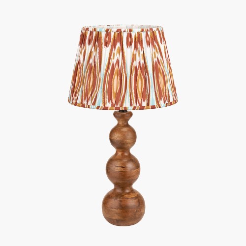 pacific lifestyle Nyari Brown Oiled Finish Mango Wood 3 Ball Design Table Lamp Base with Izara 40cm Cinnamon Ikat Patterned Mushroom Pleat Tapered Lampshade