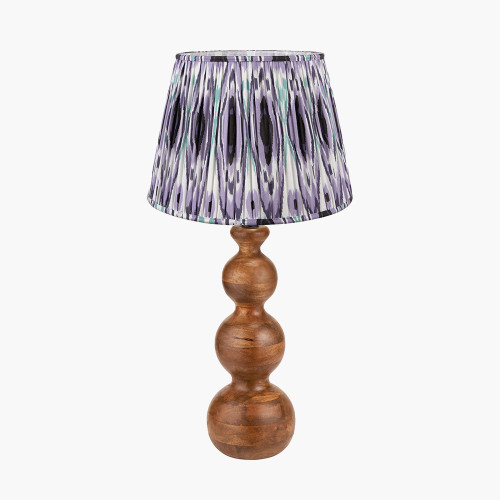 pacific lifestyle Nyari Brown Oiled Finish Mango Wood 3 Ball Design Table Lamp Base with Izara 40cm Lilac Ikat Patterned Mushroom Pleat Tapered Lampshade