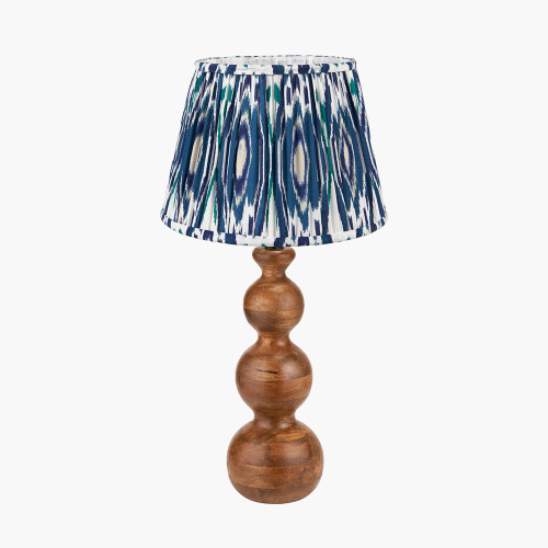 pacific lifestyle Nyari Brown Oiled Finish Mango Wood 3 Ball Design Table Lamp Base with Izara 40cm Ocean Blue Ikat Patterned Mushroom Pleat Tapered Lampshade