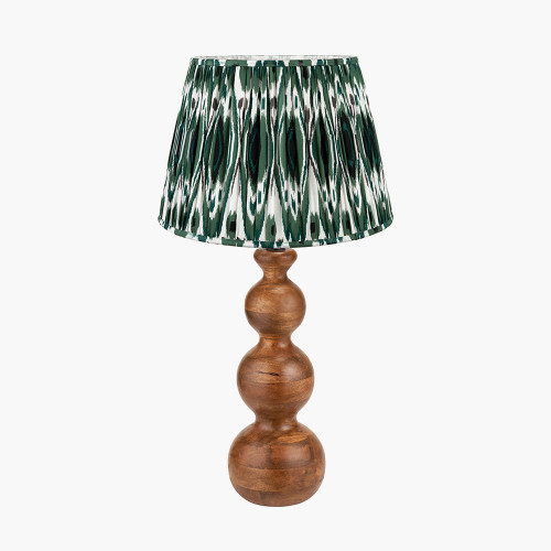 pacific lifestyle Nyari Brown Oiled Finish Mango Wood 3 Ball Design Table Lamp Base with Izara 40cm Racing Green Ikat Patterned Mushroom Pleat Tapered Lampshade