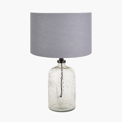 pacific lifestyle Ophelia Small Grey Bubble Glass Table Lamp Base with Lino 30cm Steel Grey Self Lined Linen Cylinder Lampshade