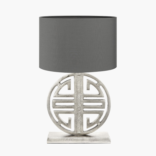 pacific lifestyle Orla Shiny Silver Metal Statement Circle Table Lamp Base with Mia 35cm Steel Grey Oval Cotton Mix Lampshade
